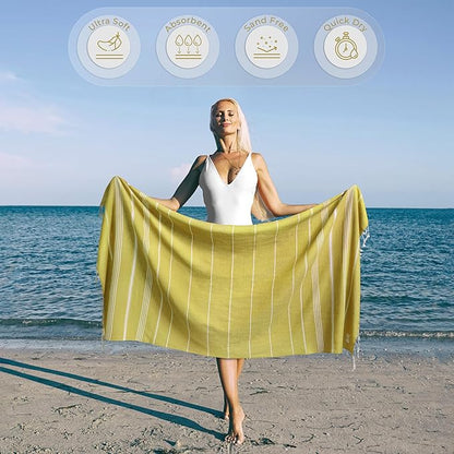 Turkish Beach Towel Quick Dry & Absorbent Oversized (39" x 71") - Compact, Versatile and Functional as Yoga Mat, Picnic Blanket, Travel Blanket, Bath, Camp and Shower Towel - Yellow