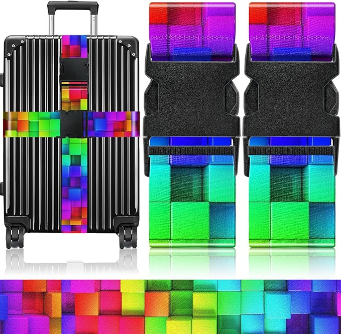 Slohif Luggage Straps for Suitcases Travel Belt Accessories Luggage Connector Identifiers Over Handle with Buckle Unique Nylon Adjustable Strap for Sleeping Bag Car Seat Color Square (2 Pack)