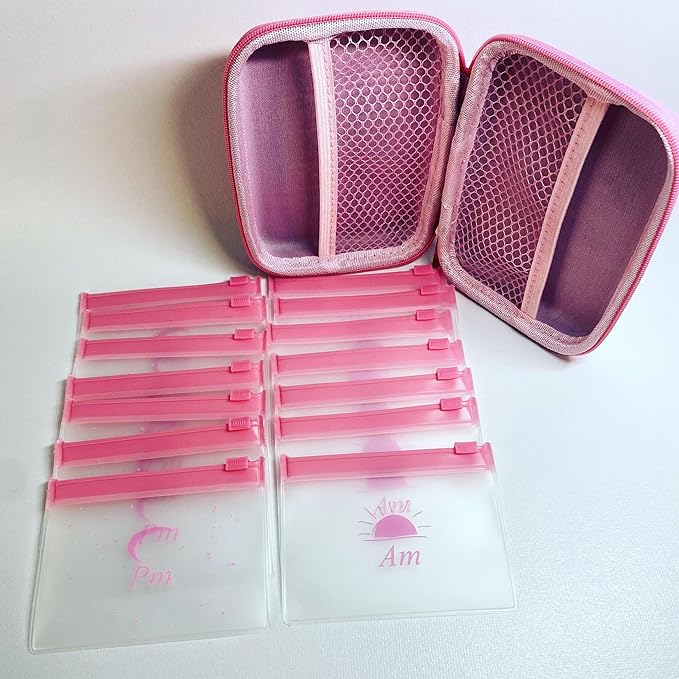 Pink Day and Night Pill Wallet w/Zipper, PU Leather Pill Case 5.5 X 4 x1.75 Inch, Includes14 AM PM Pill Organizer 7 Day Small Pill Bags of 3x4 Inch, Pill Pouches for Medicine or Supplements