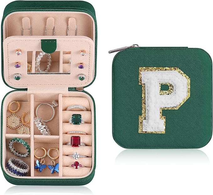 Parima Travel Jewelry Organizer for Women | Necklace, Earring, Ring Organizer | Women's Travel Gifts - Letter P, Green