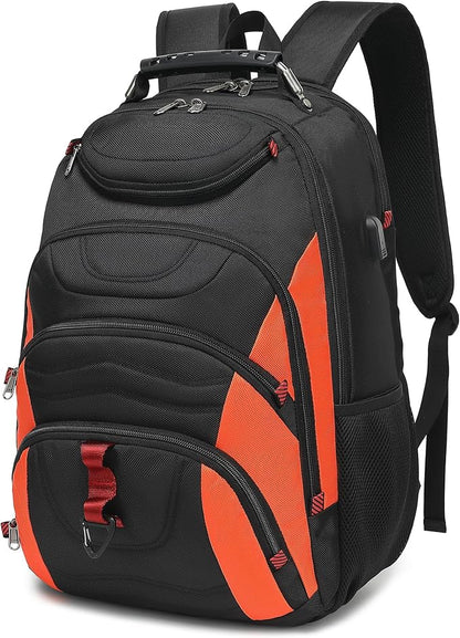 Boavan Laptop Backpack for men, 17.3 inch Laptop Bag with USB Port, Waterproof Travel Work Backpack Purse, Anti-Theft Teacher Nurse Doctor Casual Bookbags Office Business backpack，Black&Orange