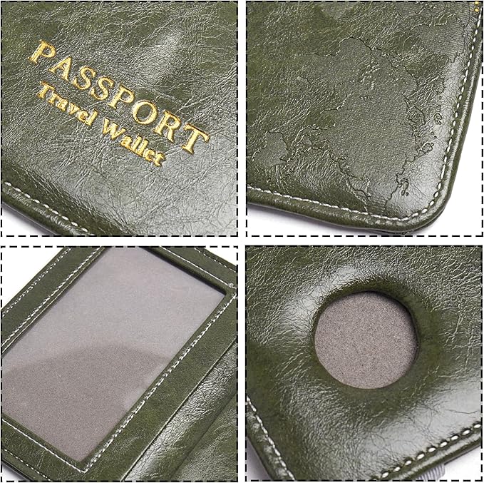 QIELIZI Passport Holder with Airtag Slot, Airtag Passport Wallet for Men Women, Slim Leather Passport Holder Case Family for Travel Anti-Lost(1-Green)