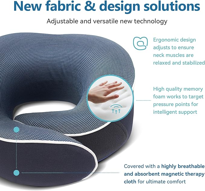 Proglobe Orthopedic Neck Pillow Travel Neck Pillows for Airplanes, Memory Foam Kit, Updated Resting Material, Airplane Travel Set with 3D Contoured Eye Masks, Earplugs, and Luxury Mesh Bag (Blue)