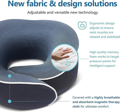 Proglobe Orthopedic Neck Pillow Travel Neck Pillows for Airplanes, Memory Foam Kit, Updated Resting Material, Airplane Travel Set with 3D Contoured Eye Masks, Earplugs, and Luxury Mesh Bag (Blue)