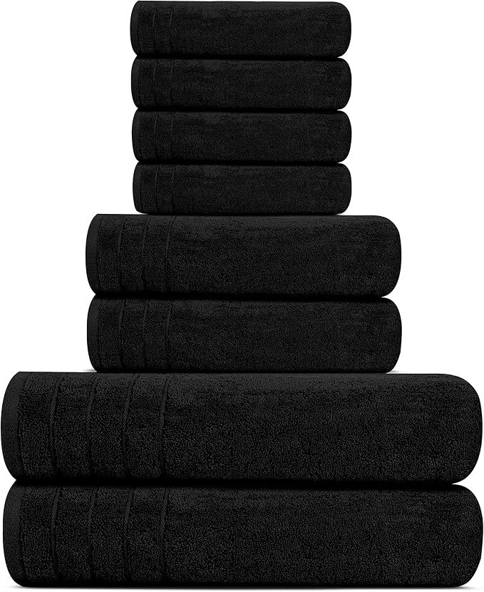 Tens Towels Pack of 8 Towels Set, 2 Extra Large Bath, 2 Hand, 4 Washcloths, 100% Cotton, Lighter Weight, Quicker to Dry, Super Absorbent, Perfect for Bathroom, Black