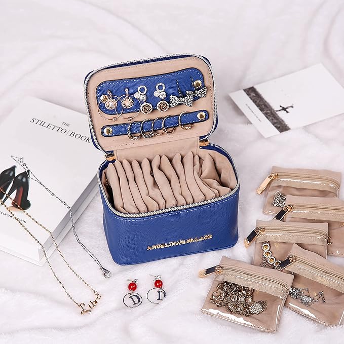 Angelina's Palace Jewelry Organizer Case Bridesmaid Gifts Travel Bag Vegan Leather Box for Necklace Earring Bracelet Ring(dark chambray)