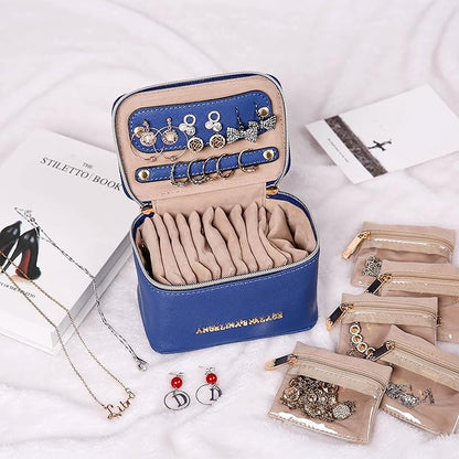 Angelina's Palace Jewelry Organizer Case Bridesmaid Gifts Travel Bag Vegan Leather Box for Necklace Earring Bracelet Ring(dark chambray)