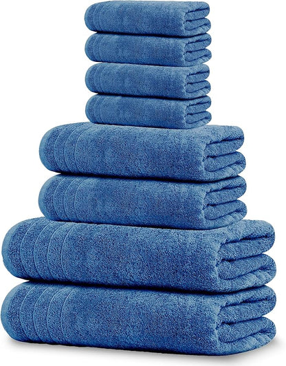 Tens Towels Pack of 8 Towels Set, 2 Extra Large Bath, 2 Hand, 4 Washcloths, 100% Cotton, Lighter Weight, Quicker to Dry, Super Absorbent, Perfect for Bathroom, Blue