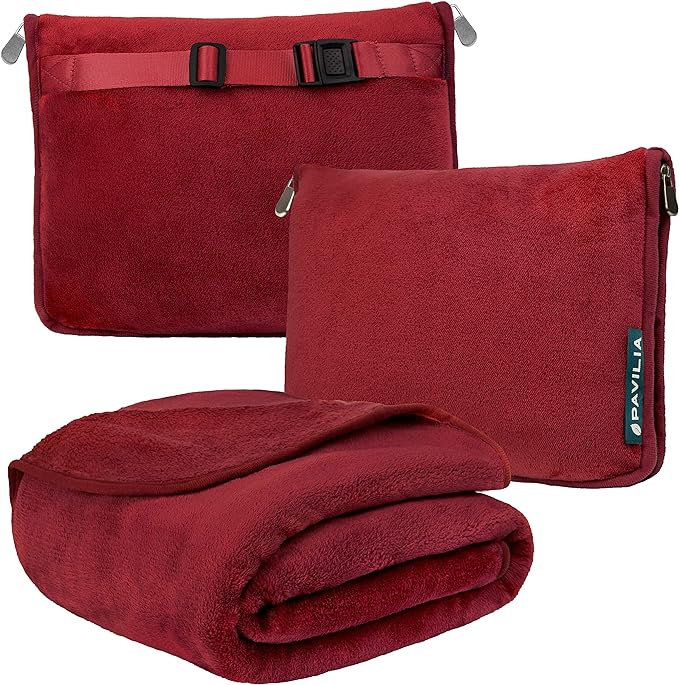 PAVILIA Travel Blanket Pillow, Soft Airplane Blanket 2-in-1 Combo Set, Plane Blanket Compact Packable, Flight Essentials Car Pillow, Travelers Gifts Accessories, Luggage Backpack Strap, 60x43 Red