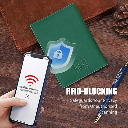 STAR VISTA Albatross Leather Travel Passport Holder, Minimalist Design, Calfskin Leather Case for Women and Men - Slim Passport Wallet, Bifold, RFID Blocking, with AirTag Holder, Green