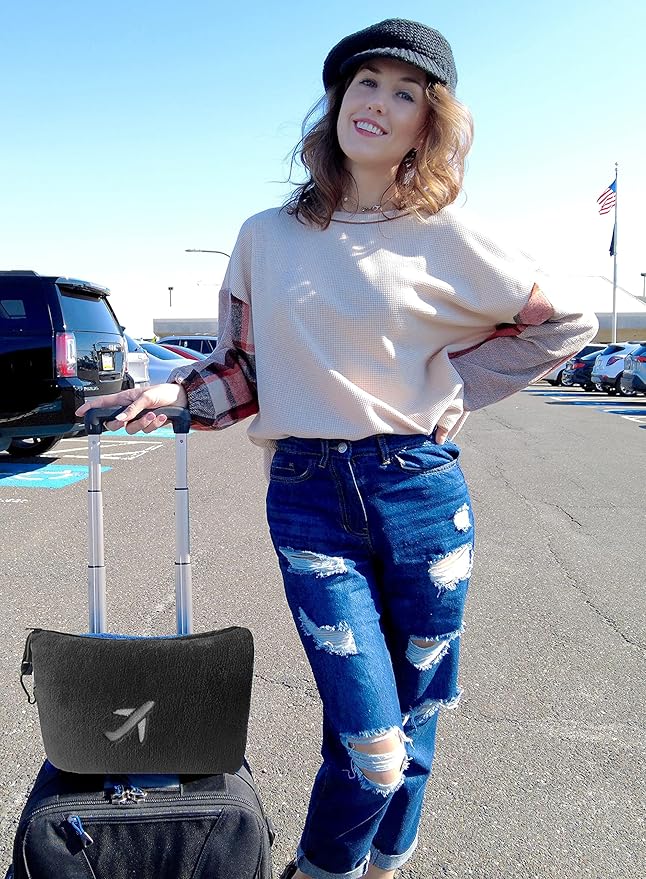 BlueHills 2-Pack Mini Premium Soft Plush Travel Blanket Pillow Airplane Essentials Flight Throw in Bag with Hand Luggage Strap Backpack Clip Accessories Portable Traveling Plane Blankets Black - M25