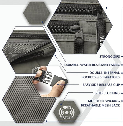 VENTURE 4TH Travel Money Belt - Slim Passport Holder RFID Blocking Travel Pouch to Protect Cash, Credit Cards and Travel Documents (Gray)