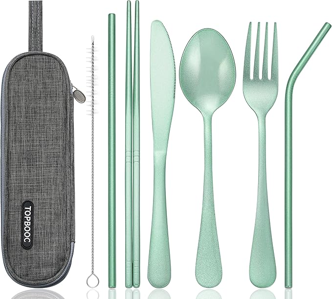 Portable Stainless Steel Flatware Set, Travel Camping Cutlery Set, Portable Utensil Travel Silverware Dinnerware Set with a Waterproof Case (Green)