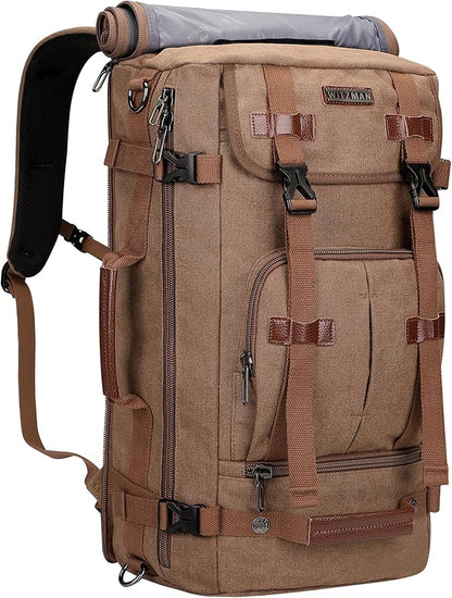 WITZMAN Canvas Backpack Vintage Travel Backpack Large Laptop Bags Convertible Shoulder Rucksack(A519-1 Brown)