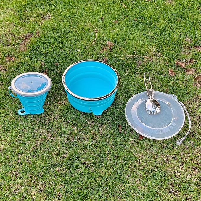 Mess Kit for Camping Silicone Collapsible Bowl Collapsible Cup and Stainless Steel Spoon for Backpacking Outdoor Hiking Traveling and Picnic