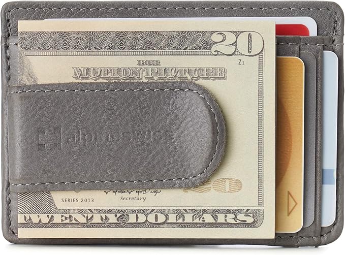 Alpine Swiss RFID Dermot Money Clip Front Pocket Wallet For Men Leather Comes in a Gift Box Gray