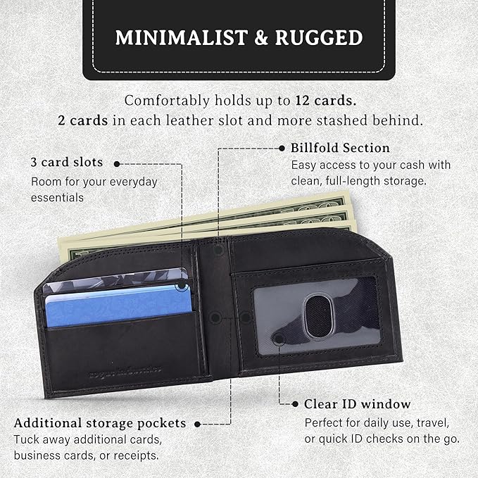 ROGUE WALLET Tailored Genuine Leather Wallets – RFID Blocking, Durable & Stylish Front-Pocket Comfort - Holds 6–8 Credit Cards, ID Window, Extra Storage Pockets & More (Black)