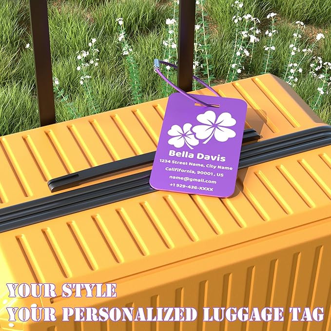 4 PCS Personalized Luggage Tags for Suitcases, Custom Aluminum Luggage Tags for Bags and Backpacks, Waterproof & Heavy Duty Personalized Metal Name Tags for Travel (Purple)