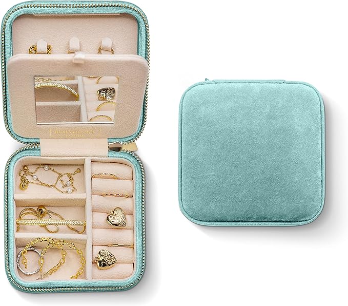 Benevolence LA Plush Velvet Jewelry Box | Travel Jewelry Case Organizer with Mirror | Featured in Oprah's Favorite Things | Best Gifts For Daughter, Girlfriend, Mom | Gifts For Her - Cyan