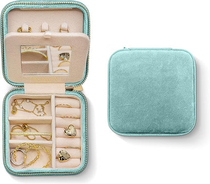 Benevolence LA Plush Velvet Jewelry Box | Travel Jewelry Case Organizer with Mirror | Featured in Oprah's Favorite Things | Best Gifts For Daughter, Girlfriend, Mom | Gifts For Her - Cyan