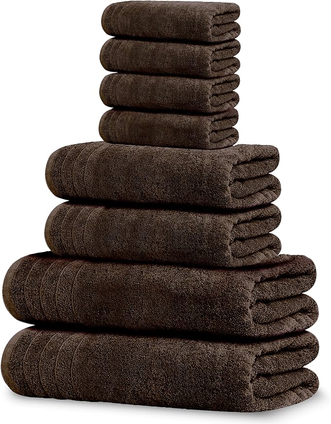 Tens Towels Pack of 8 Towels Set, 2 Extra Large Bath, 2 Hand, 4 Washcloths, 100% Cotton, Lighter Weight, Quicker to Dry, Super Absorbent, Perfect for Bathroom, Brown