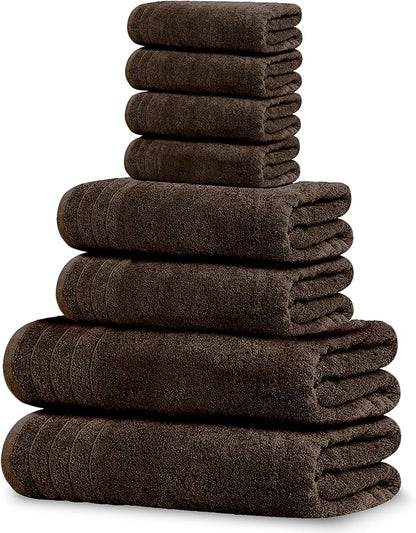 Tens Towels Pack of 8 Towels Set, 2 Extra Large Bath, 2 Hand, 4 Washcloths, 100% Cotton, Lighter Weight, Quicker to Dry, Super Absorbent, Perfect for Bathroom, Brown