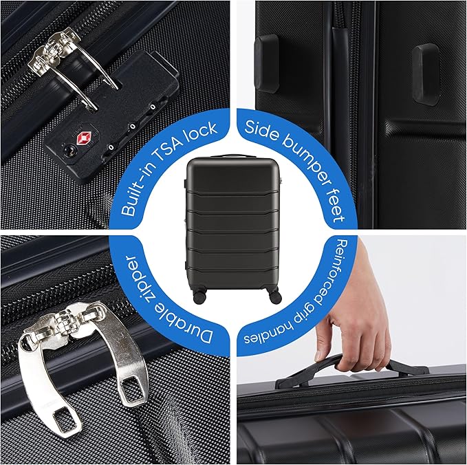 OLIXIS 3-Piece Luggage Set, 20/24/28 Inch Hardside Suitcases with Spinner Wheels, Lightweight ABS Hard Shell Travel Luggage, TSA Approved Lock, Expandable Carry-On & Checked Luggage–Black