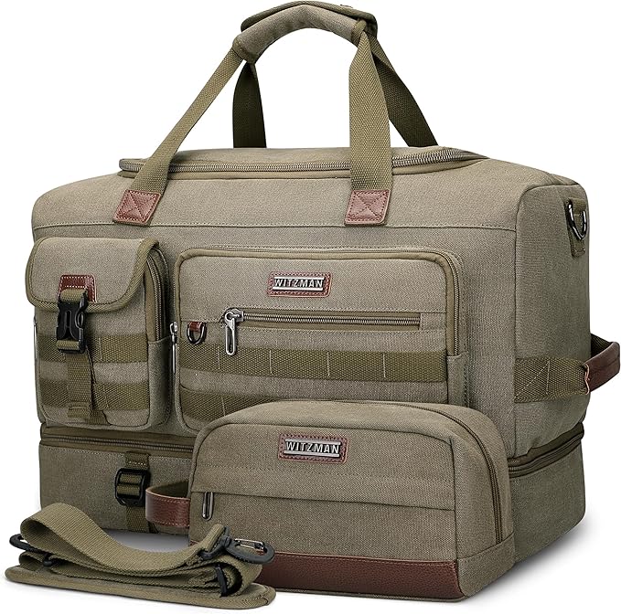 WITZMAN Duffle Bag for Men 50L Canvas Weekender Overnight Bag with Toiletry Bag Sets Travel Duffel Bag Shoes Compartment(A8010-2 Army Green)