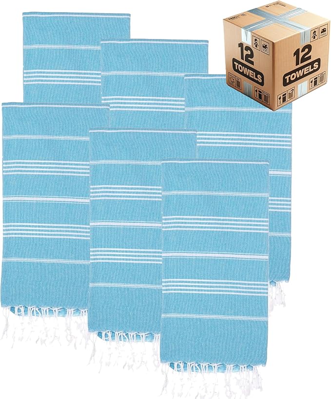 Turkish Beach Towels, Bulk Case of 12 | Oversized, Quick Dry, Sand Free | 100% Cotton, Large 38x71 Towels for Beach, Pool, Travel | Ultra-Soft, Compact, Absorbent | Turquoise