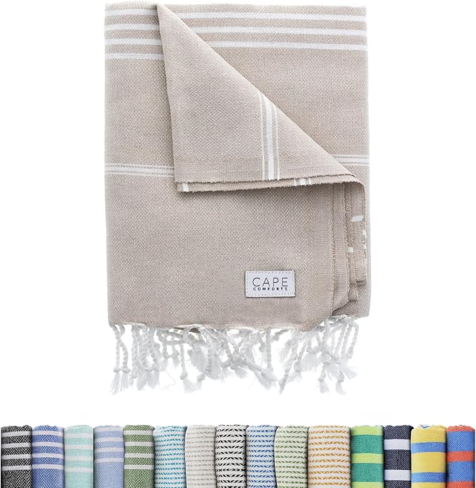 Large Turkish Beach Towel, Classic Beige - Super Soft & Lightweight Quick Dry Absorbent Towels for Beach, Picnic Blanket or Bath Towel - Sand Free Organic Turkish Cotton Yarn