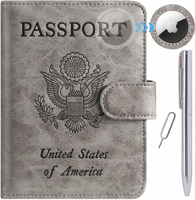 Airtag Passport Holder Cover Wallet RFID Blocking Leather Case Travel Essentials Luggage Accessories Travel Must Have(118#Grey)