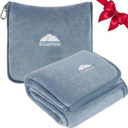 BlueHills Premium Soft Long Travel Blanket Pillow for Tall Airplane Flight Essentials Large Compact 2 in 1 Airline Throw Packable Warm Plane Traveling Comfort Accessories Grayish Blue T056