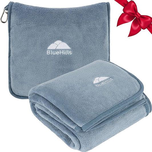 BlueHills Premium Soft Long Travel Blanket Pillow for Tall Airplane Flight Essentials Large Compact 2 in 1 Airline Throw Packable Warm Plane Traveling Comfort Accessories Grayish Blue T056