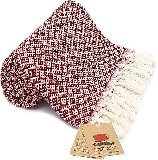 Bazaar Anatolia Turkish Beach Towel 100% Cotton Bath Towels Oversized Quick DryBathroom Towels Sand Free Camping Blanket 71x39 inches - Ethnic Maroon