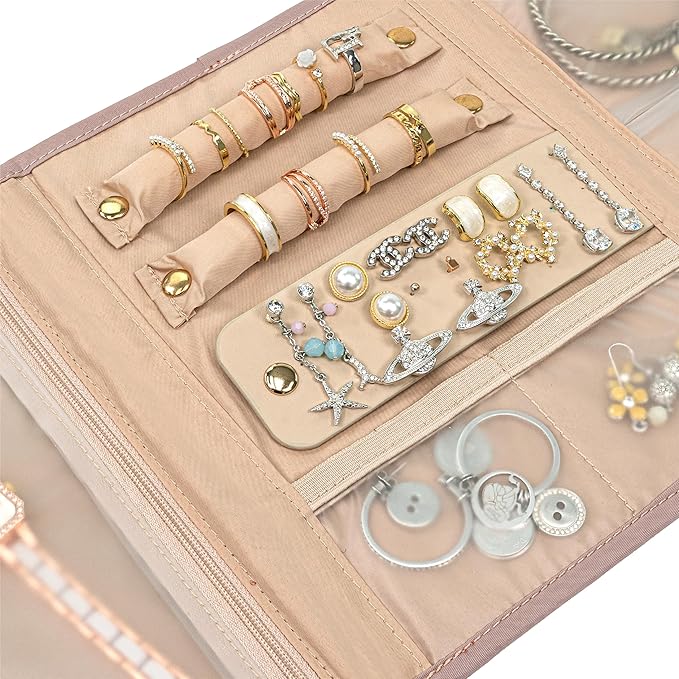 Pavilia Foldable Jewelry Organizer - Travel Roll Bag with Compartments for Earrings, Rings, Necklaces, Bracelets - Packing Accessory