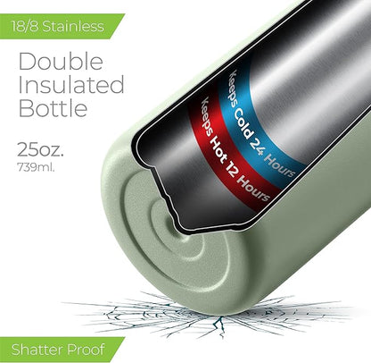 SipX™ Triple-Insulated Stainless Steel Water Bottle 25oz. With 3 Lids, BPA-Free Reusable Insulated Water Bottle Keeps Cold 24 Hours, Metal Water Bottle Made Of Sustainable Material For Hiking & Biking