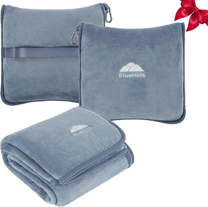 BlueHills Premium Soft Plush Travel Blanket Pillow for Airplane Traveling Essentials in a Bag Flight Throw with Hand Luggage Belt Backpack Clip Compact Portable Plane Accessories Grayish Blue - T026