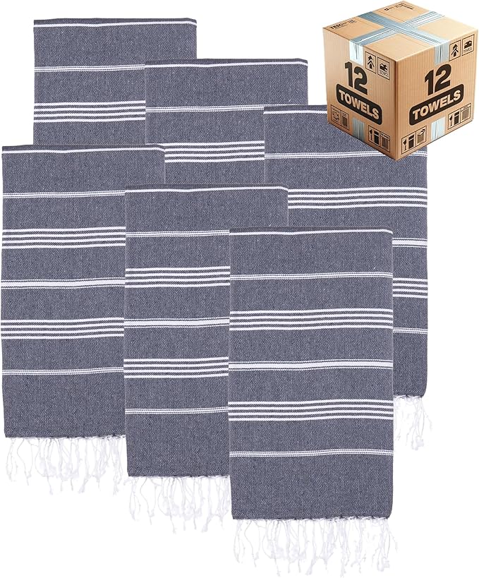 Turkish Beach Towels, Bulk Case of 12 | Oversized, Quick Dry, Sand Free | 100% Cotton, Large 38x71 Towels for Beach, Pool, Travel | Ultra-Soft, Compact, Absorbent | Navy