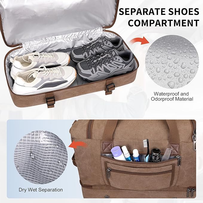 WITZMAN Duffle Bag for Men 50L Canvas Weekender Overnight Bag with Toiletry Bag Sets Travel Duffel Bag Shoes Compartment（A8010-2 Brown）