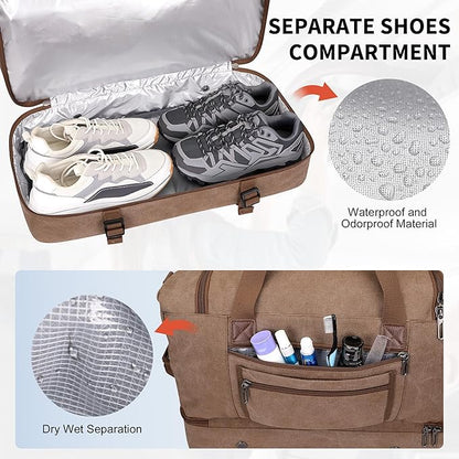 WITZMAN Duffle Bag for Men 50L Canvas Weekender Overnight Bag with Toiletry Bag Sets Travel Duffel Bag Shoes Compartment（A8010-2 Brown）