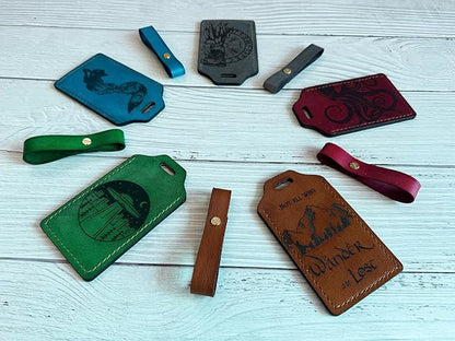 Mayan Corner - Handcrafted Leather Luggage Tag, Octopus Design, Burgundy Red with ID Window