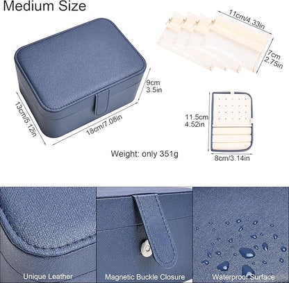 2 Layer Portable Jewelry Box, Large Jewelry Travel Case with 4 Velvet Jewelry Pouches, Medium Size Jewelry Organizer Box for Earrings, Necklaces, Bracelets (dark blue)