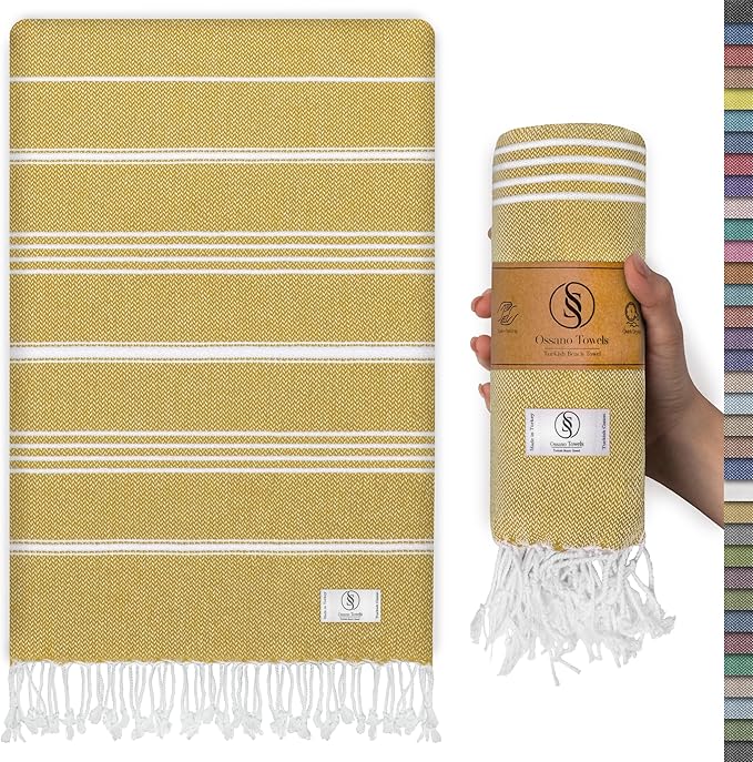 Turkish Beach Towel Quick Dry & Soft Oversized (39" x 71") - Compact, Versatile and Functional as Yoga Mat, Picnic and Travel Blanket, Cruise and Bath Towels - Mustard