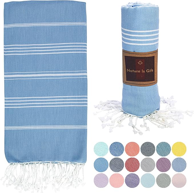 Beach Towel 100% Cotton Turkish Beach Towel Adult 38x70 Inch Pre-washed Absorbent Extra Large|Sand Free Quick Dry BathTowels|Lightweight Blanket|Travel Cruise Camping Spa Gym Sports Towel|Airy Blue