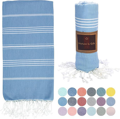 Beach Towel 100% Cotton Turkish Beach Towel Adult 38x70 Inch Pre-washed Absorbent Extra Large|Sand Free Quick Dry BathTowels|Lightweight Blanket|Travel Cruise Camping Spa Gym Sports Towel|Airy Blue