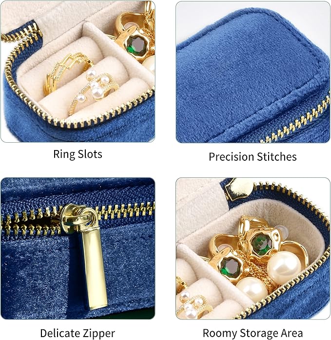 TAIMY Mini Jewelry Travel Case, Velvet Small Travel Jewelry Box, Portable Jewelry Travel Organizer Box for Rings Earrings Necklaces, Gifts for Women Girls(Navy Blue)
