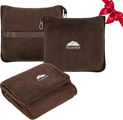 BlueHills Premium Soft Travel Blanket Pillow Airplane Blanket Soft Bag Pillow case with Hand Luggage Belt and Backpack Clip Compact Pack Large Portable Throw Air Plane Flight Travel (Brown T009)