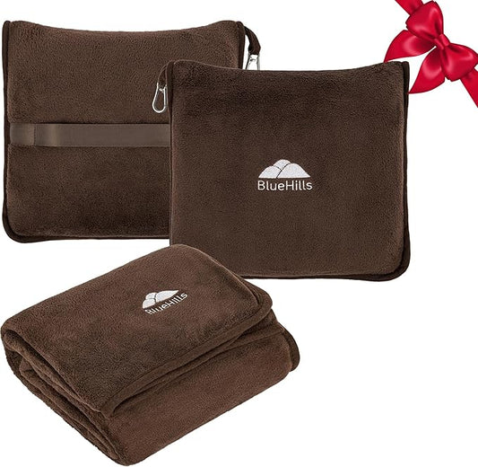 BlueHills Premium Soft Travel Blanket Pillow Airplane Blanket Soft Bag Pillow case with Hand Luggage Belt and Backpack Clip Compact Pack Large Portable Throw Air Plane Flight Travel (Brown T009)