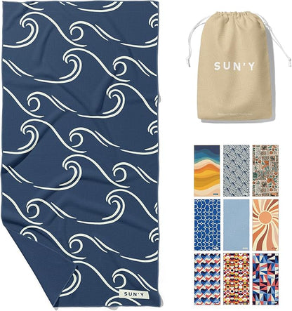 SUN'Y Waffle Microfiber Beach Towel – Sand Free, Quick Dry, Ultra Absorbent, Lightweight & Compact Travel Towel with Carry Bag - Large (63” x 31.5”), Curl