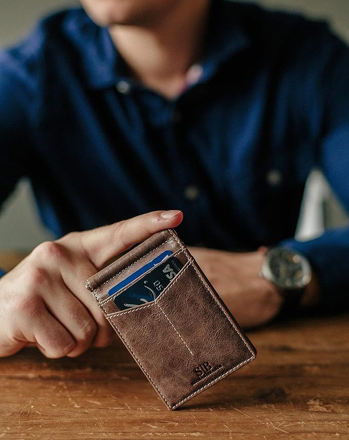 SERMAN BRANDS RFID Blocking Wallet Slim Bifold - Genuine Leather Minimalist Front Pocket Wallets for Men with Money Clip Gift (Morning Roast)